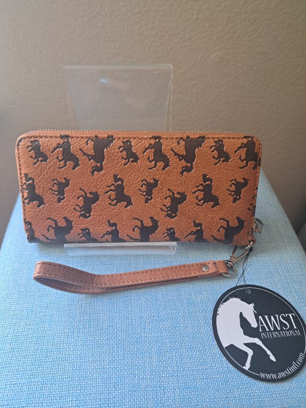 Horse Print Leather Wristlet Wallet Brown Zip Around Equestrian